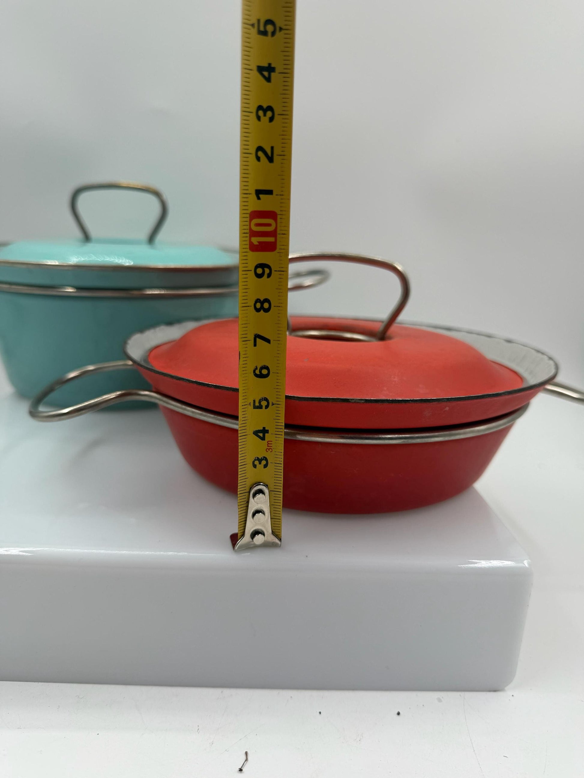 Set von 2 Vintage Emaille Kochtopf in Türkis und Rot