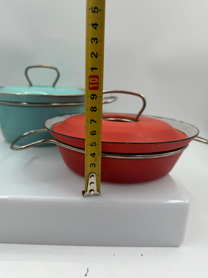 Set von 2 Vintage Emaille Kochtopf in Türkis und Rot