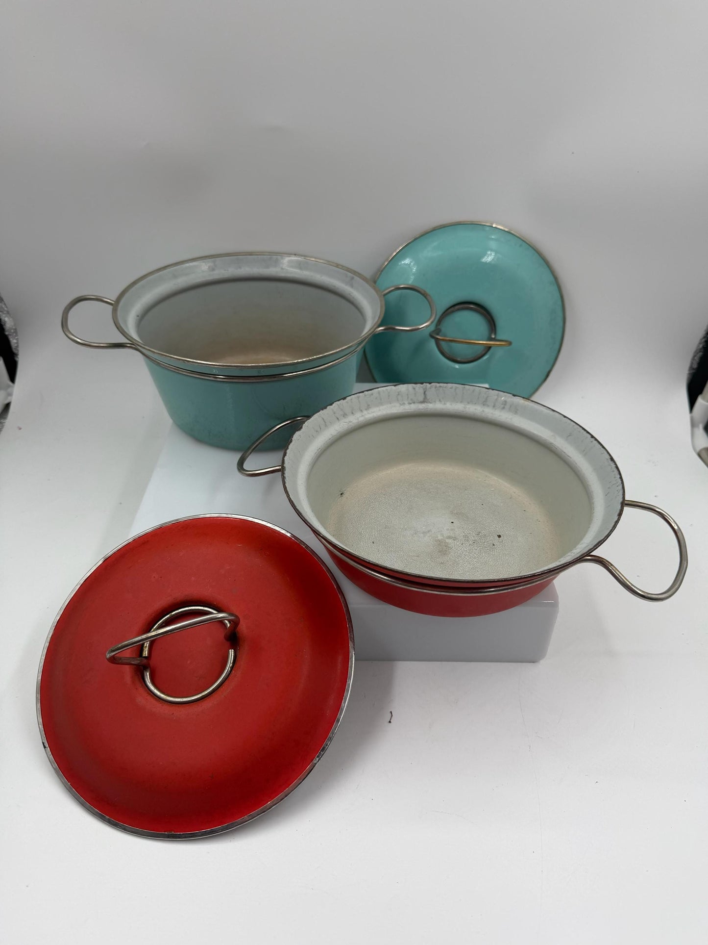 Set von 2 Vintage Emaille Kochtopf in Türkis und Rot