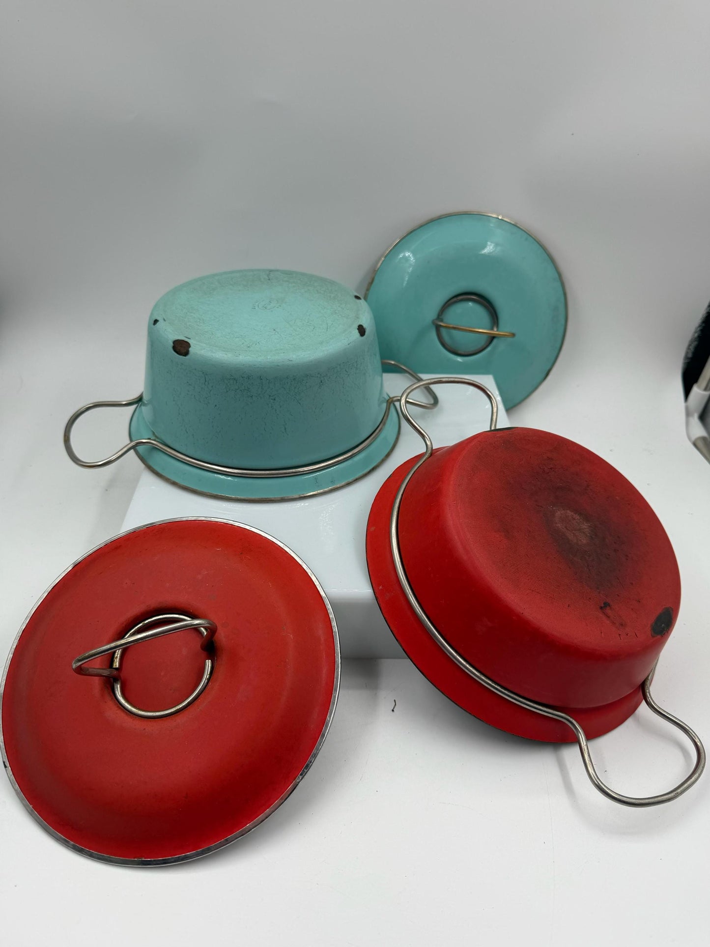 Set von 2 Vintage Emaille Kochtopf in Türkis und Rot