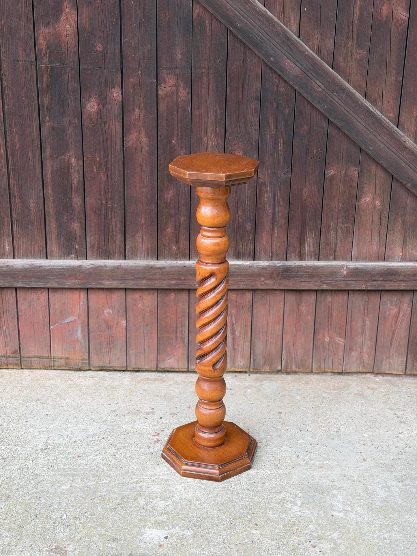 Vintage Blumenständer aus Massivholz mit gedrechselter Säule, 90 cm