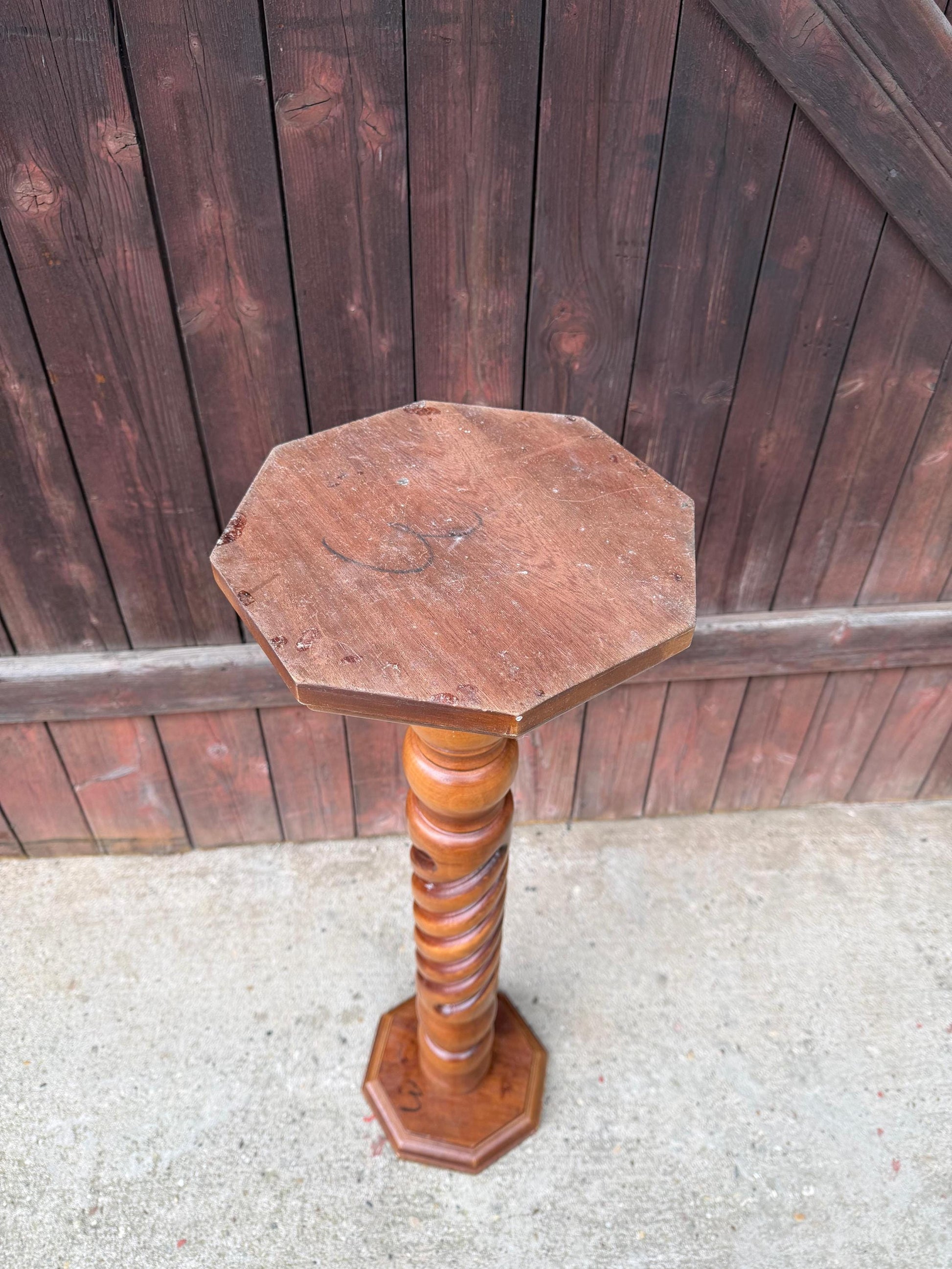 Vintage Blumenständer aus Massivholz mit gedrechselter Säule, 90 cm