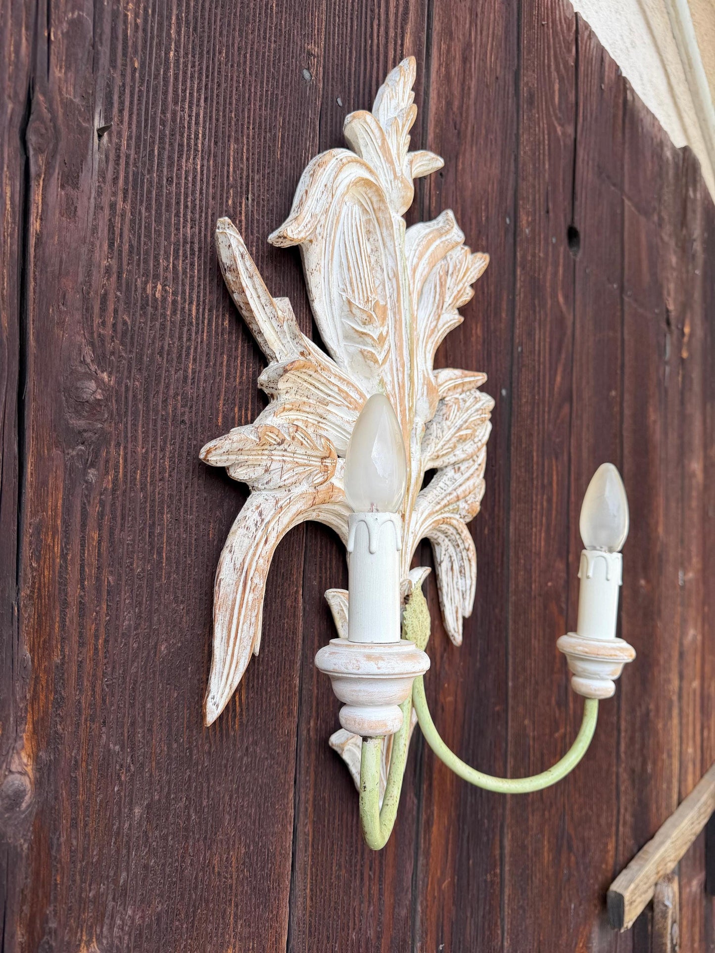Vintage Florentine Wandlampe handgeschnitztes Holz 2-armig Shabby Chic