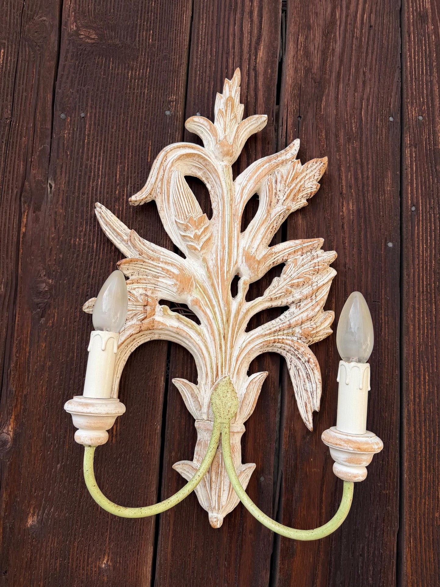 Vintage Florentine Wandlampe handgeschnitztes Holz 2-armig Shabby Chic