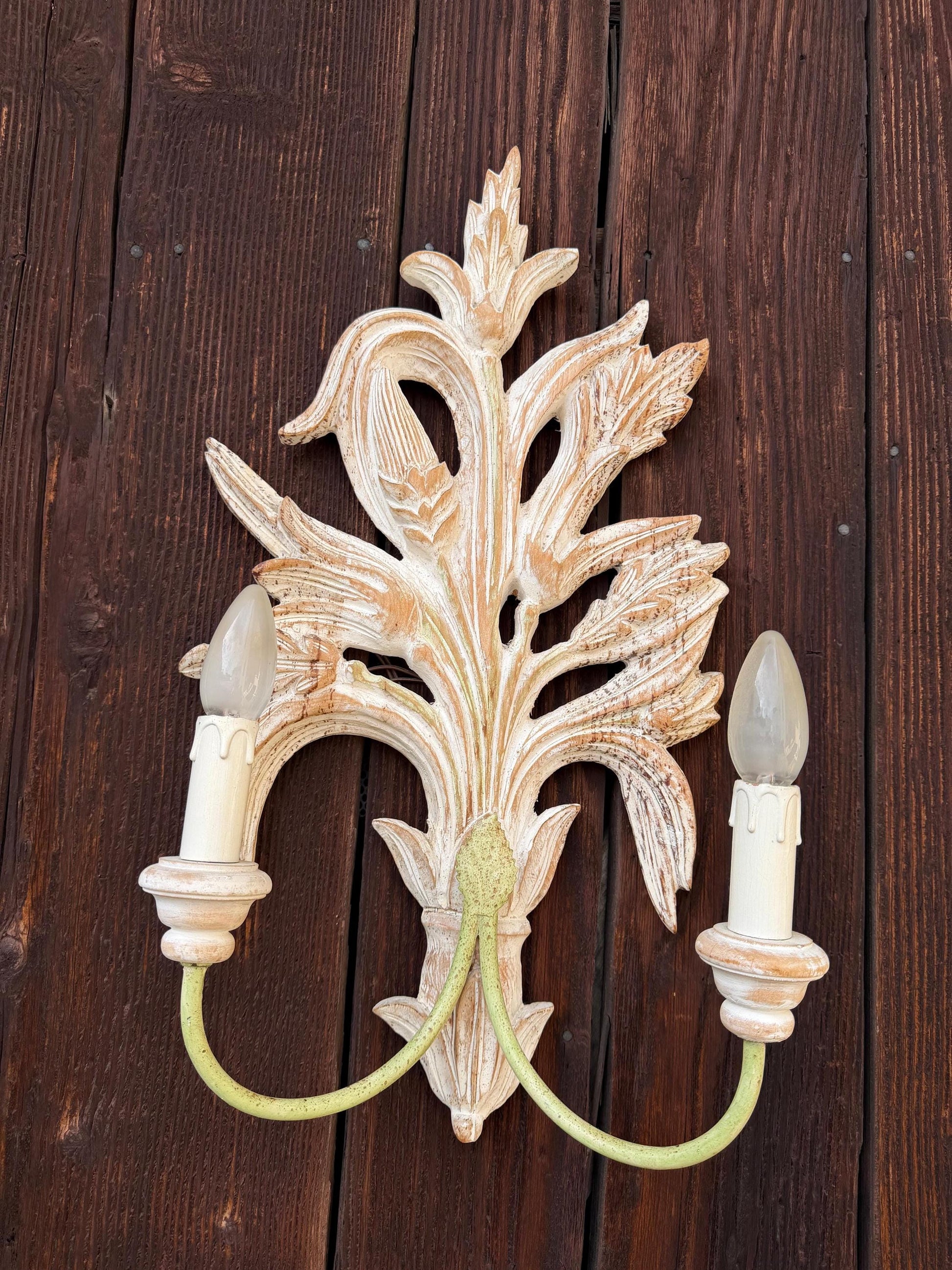 Vintage Florentine Wandlampe handgeschnitztes Holz 2-armig Shabby Chic