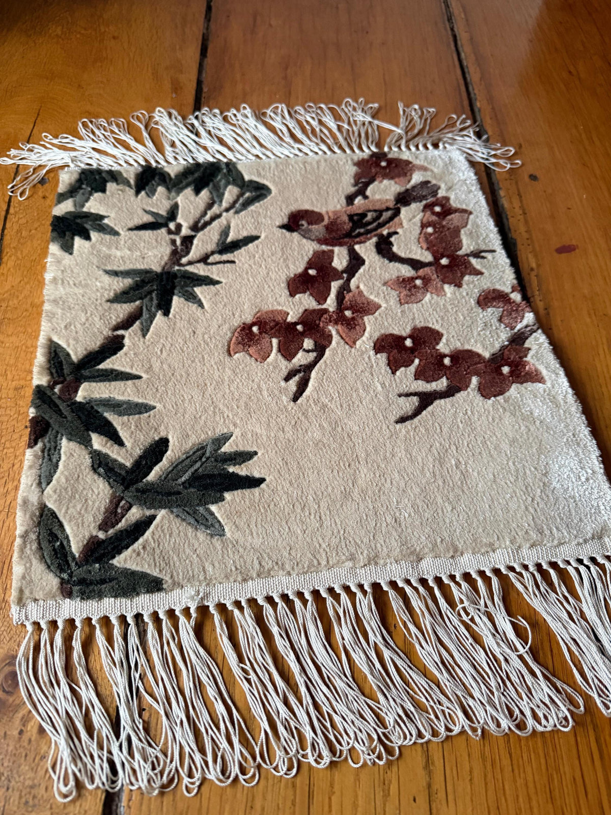 Set von 3 Vintage Seidenteppich mit Blumen-Vogel-Motiv, China 35x35cm