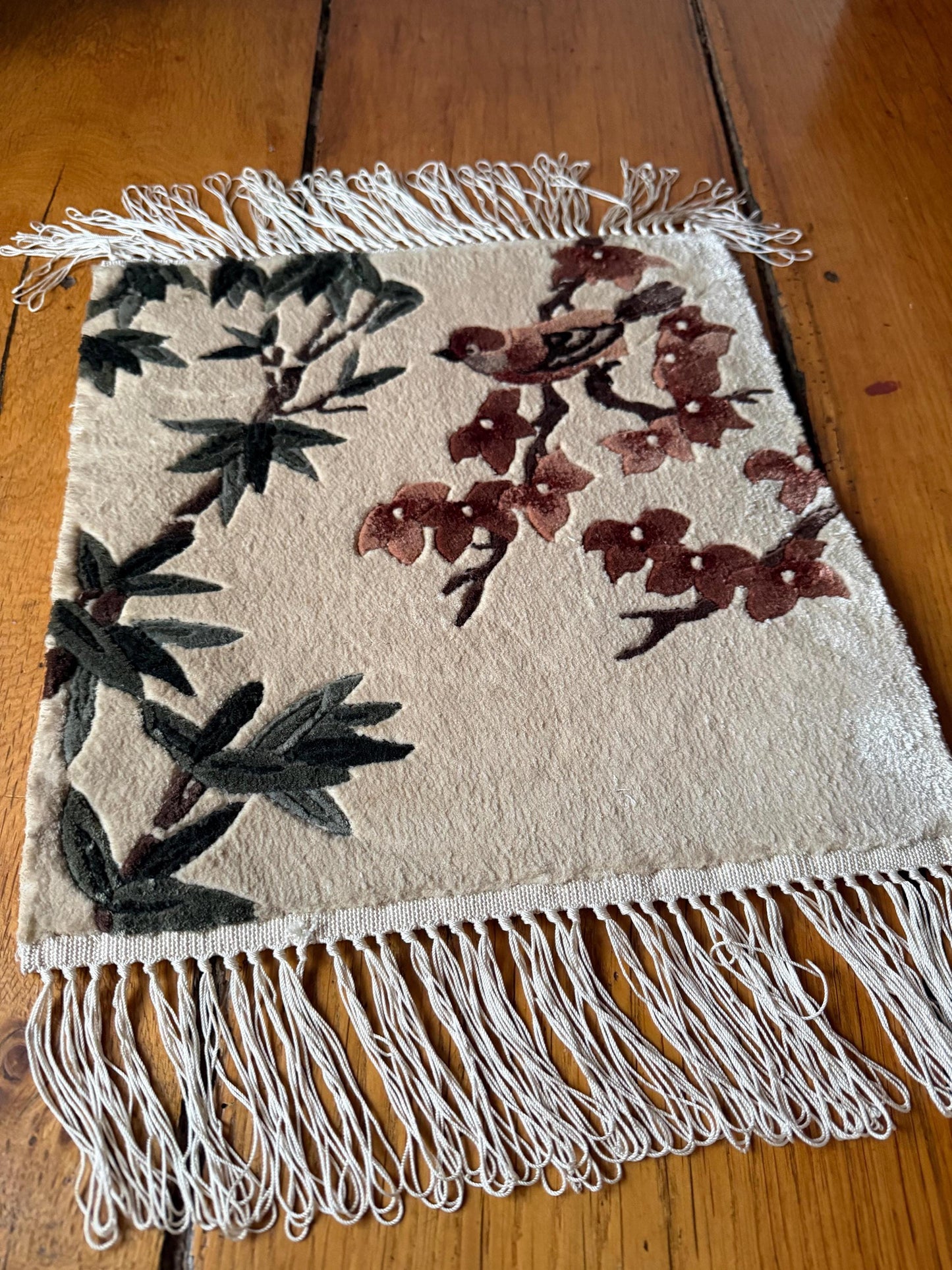 Set von 3 Vintage Seidenteppich mit Blumen-Vogel-Motiv, China 35x35cm