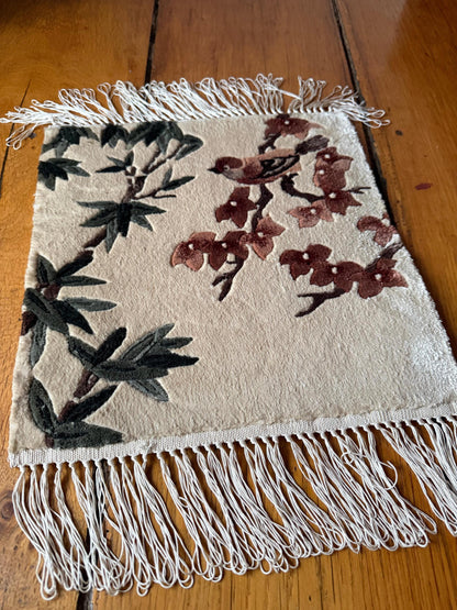 Set von 3 Vintage Seidenteppich mit Blumen-Vogel-Motiv, China 35x35cm