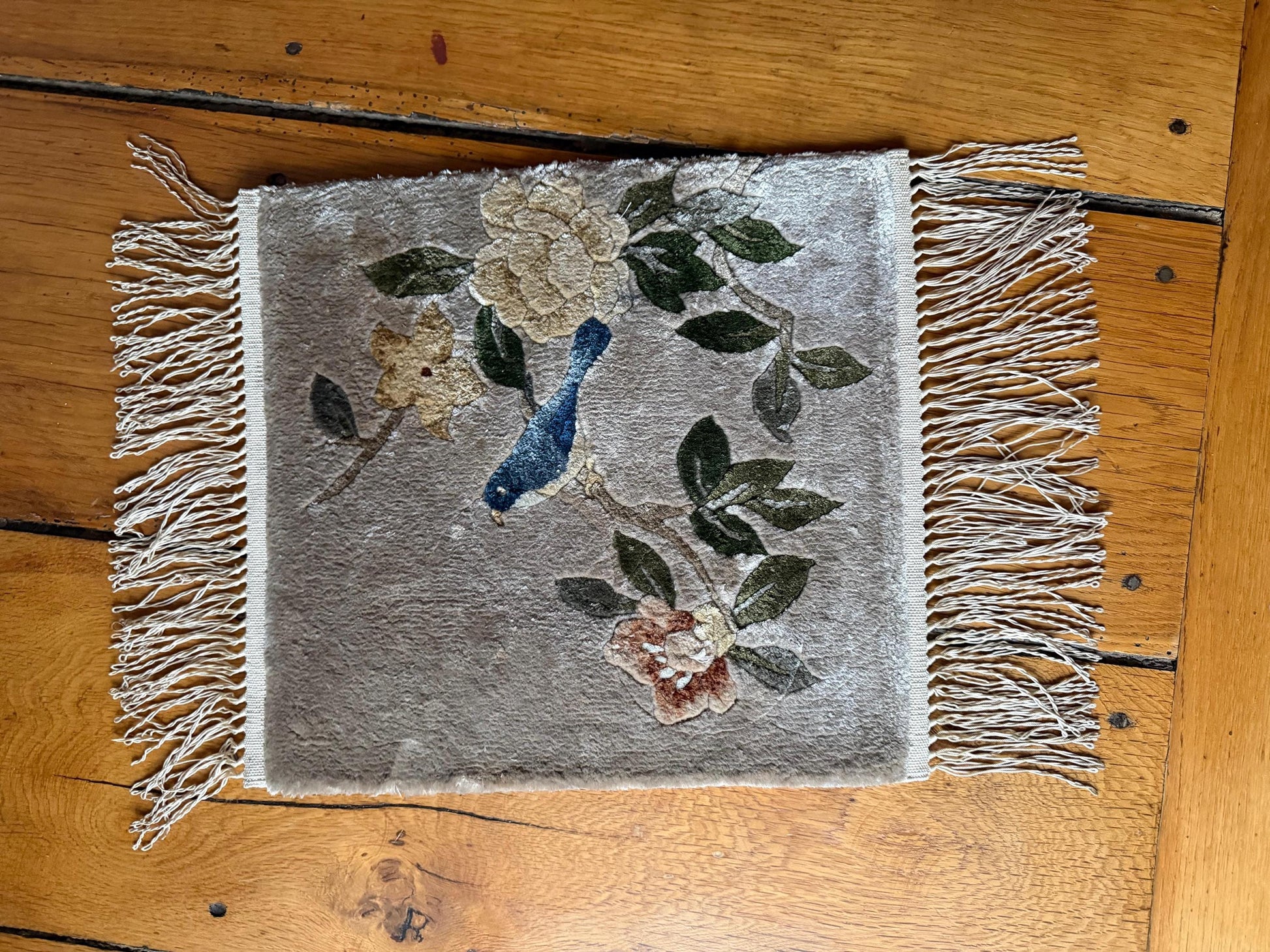 Set von 3 Vintage Seidenteppich mit Blumen-Vogel-Motiv, China 35x35cm