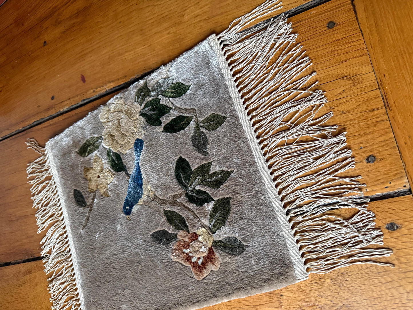 Set von 3 Vintage Seidenteppich mit Blumen-Vogel-Motiv, China 35x35cm