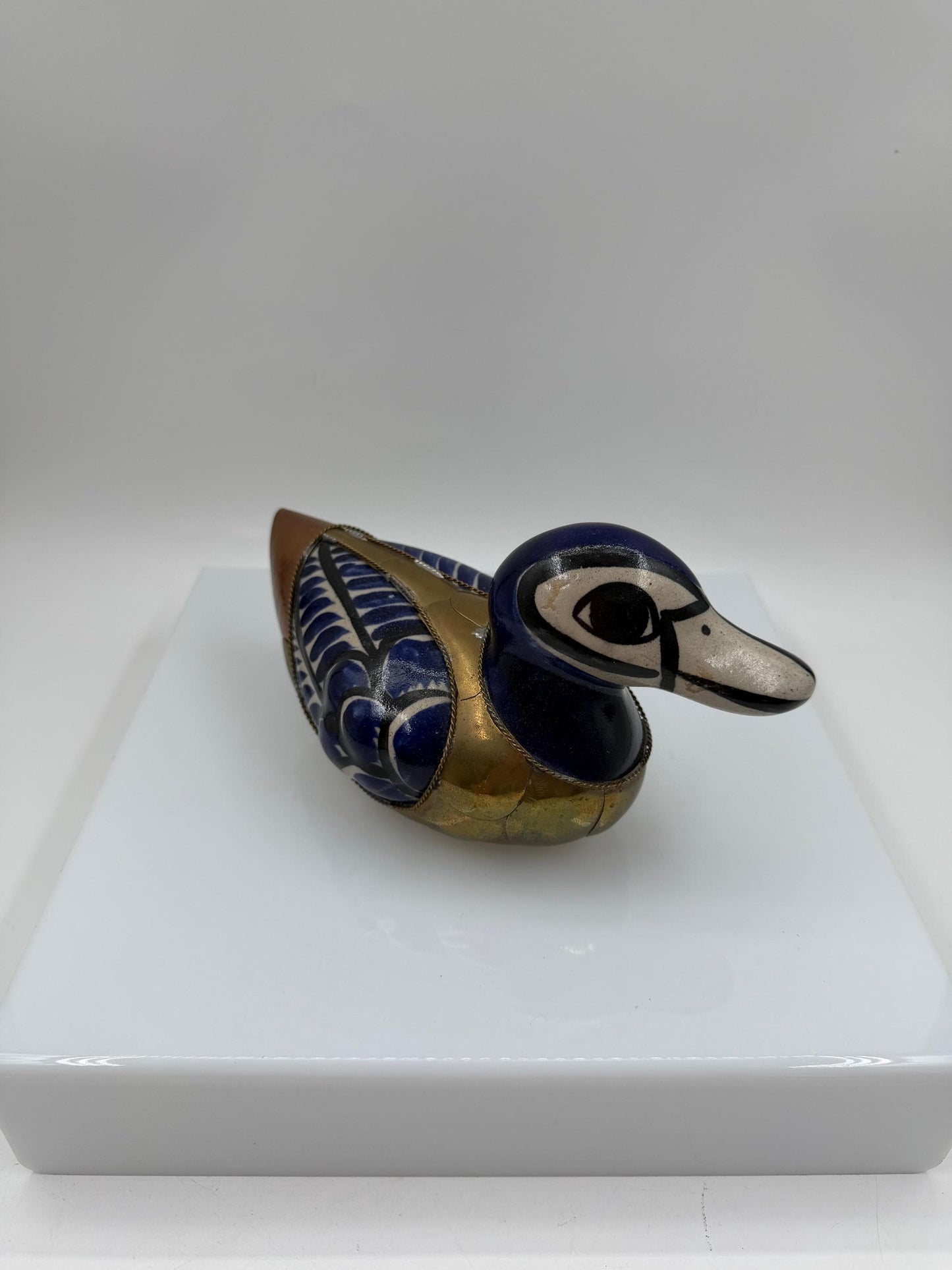Vintage Tonalá Enten Figur aus Keramik und Messing, handbemalt, mexikanische Volkskunst