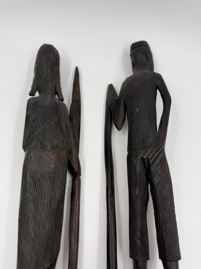 Set von 2 Vintage Krieger Skulptur aus afrikanischem Hartholz, handgeschnitzt