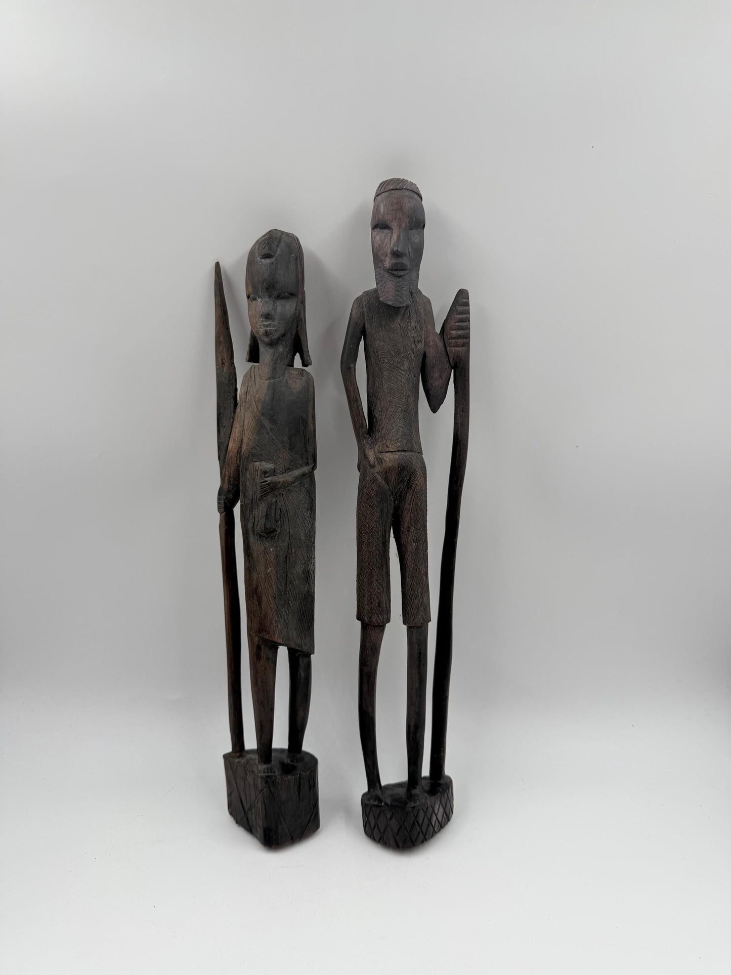 Set von 2 Vintage Krieger Skulptur aus afrikanischem Hartholz, handgeschnitzt