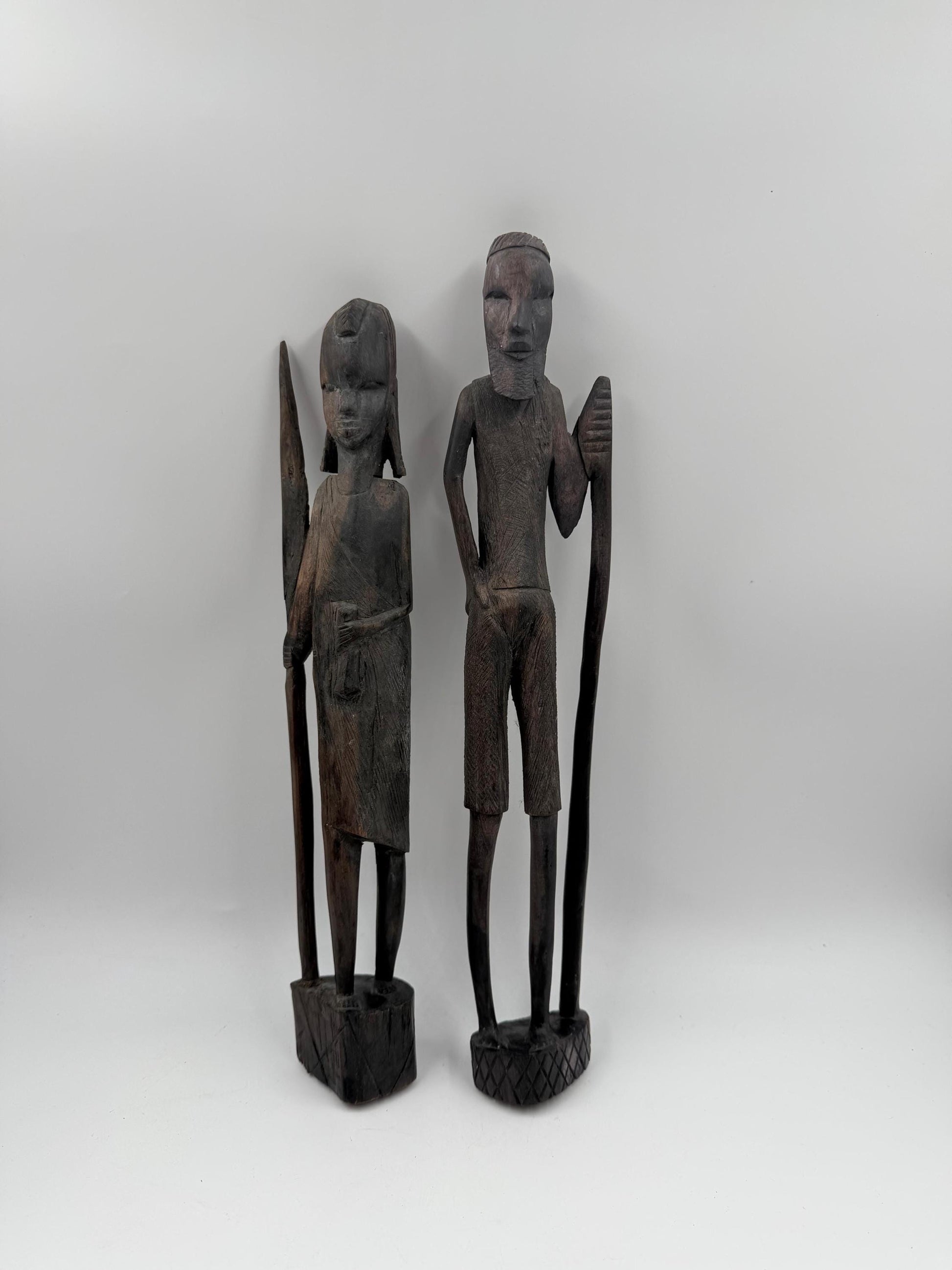 Set von 2 Vintage Krieger Skulptur aus afrikanischem Hartholz, handgeschnitzt