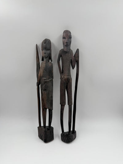 Set von 2 Vintage Krieger Skulptur aus afrikanischem Hartholz, handgeschnitzt