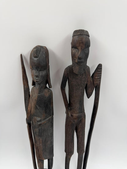 Set von 2 Vintage Krieger Skulptur aus afrikanischem Hartholz, handgeschnitzt