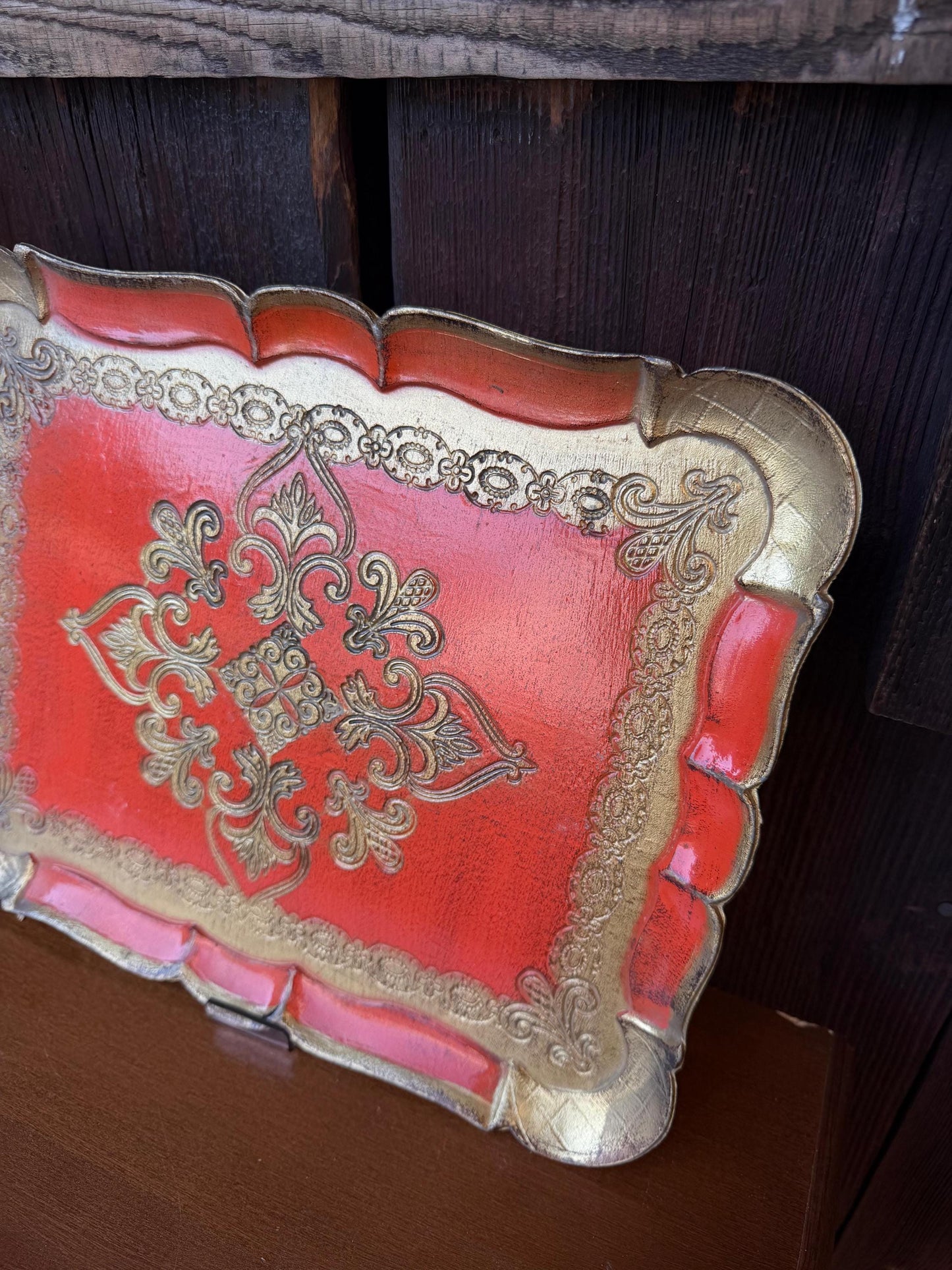 Set von 2 Vintage Tablett Florentiner Barock, Rot-Gold, Italien