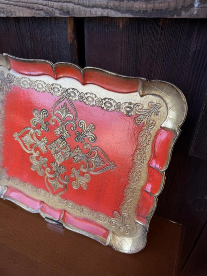 Set von 2 Vintage Tablett Florentiner Barock, Rot-Gold, Italien