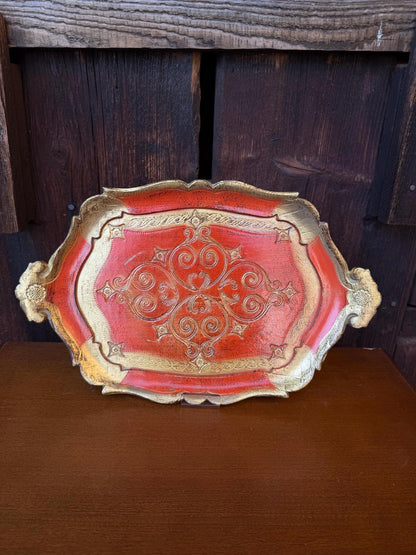 Set von 2 Vintage Tablett Florentiner Barock, Rot-Gold, Italien