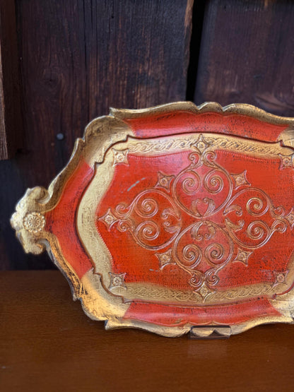 Set von 2 Vintage Tablett Florentiner Barock, Rot-Gold, Italien