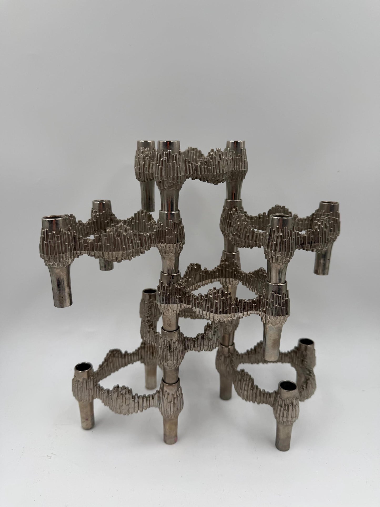 Set von 7 Vintage Kerzenhalter "Stecksystem" von Quist, brutalistisches Chrom