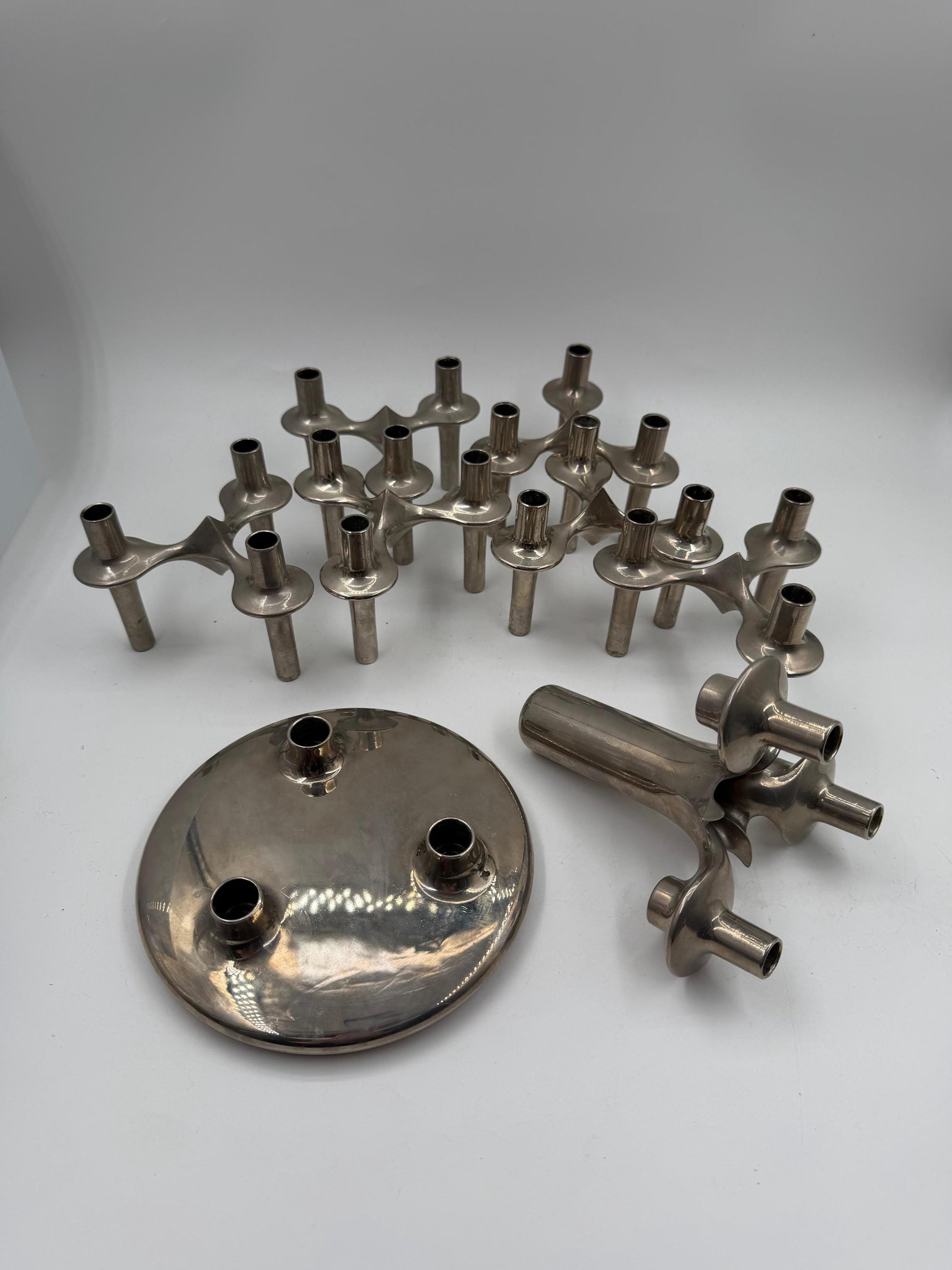 Set von 6 Vintage Kerzenhalter "Stecksystem" von Werner Stoff für Nagel BMF, Chrom