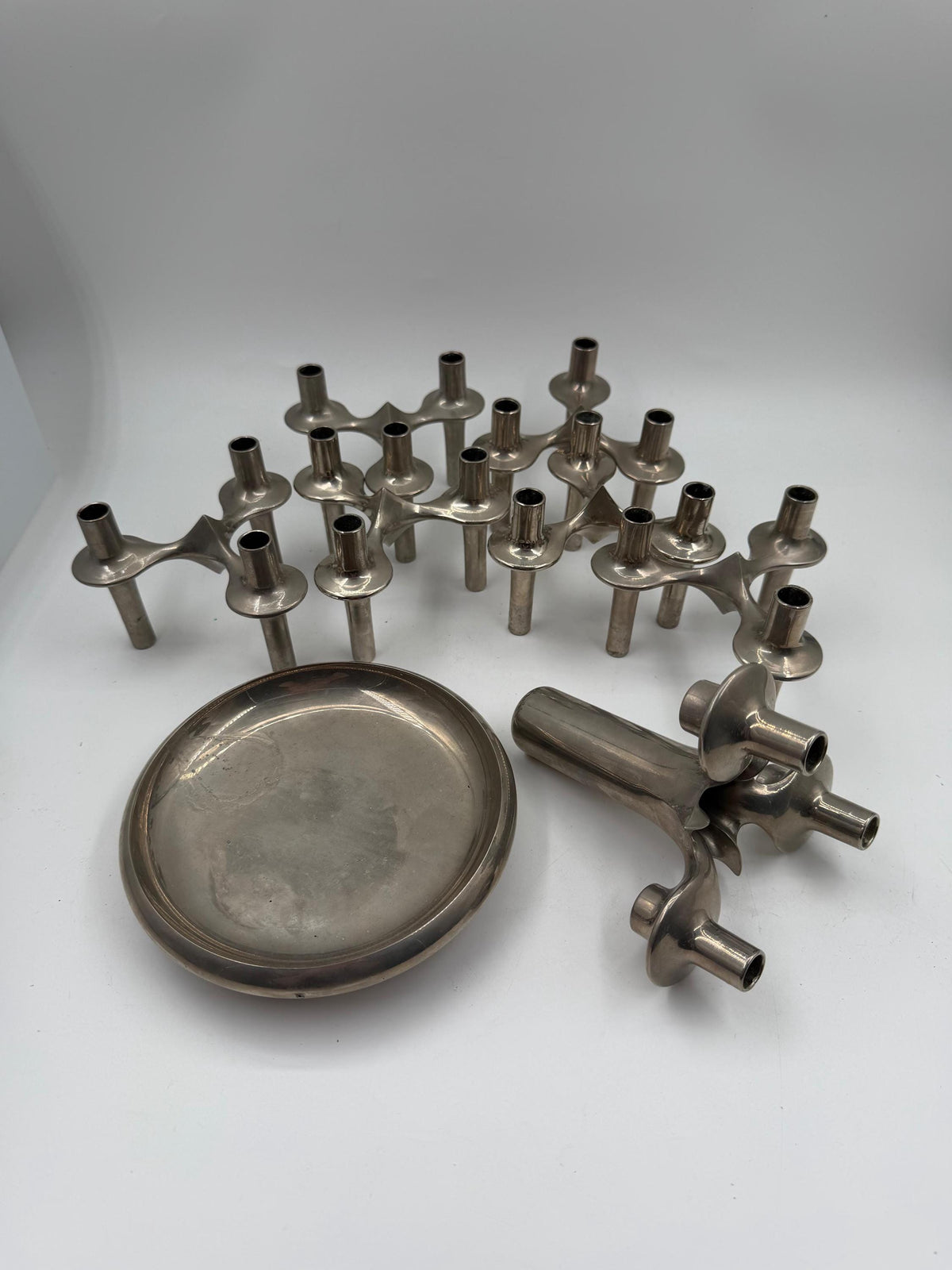 Set von 6 Vintage Kerzenhalter "Stecksystem" von Werner Stoff für Nagel BMF, Chrom