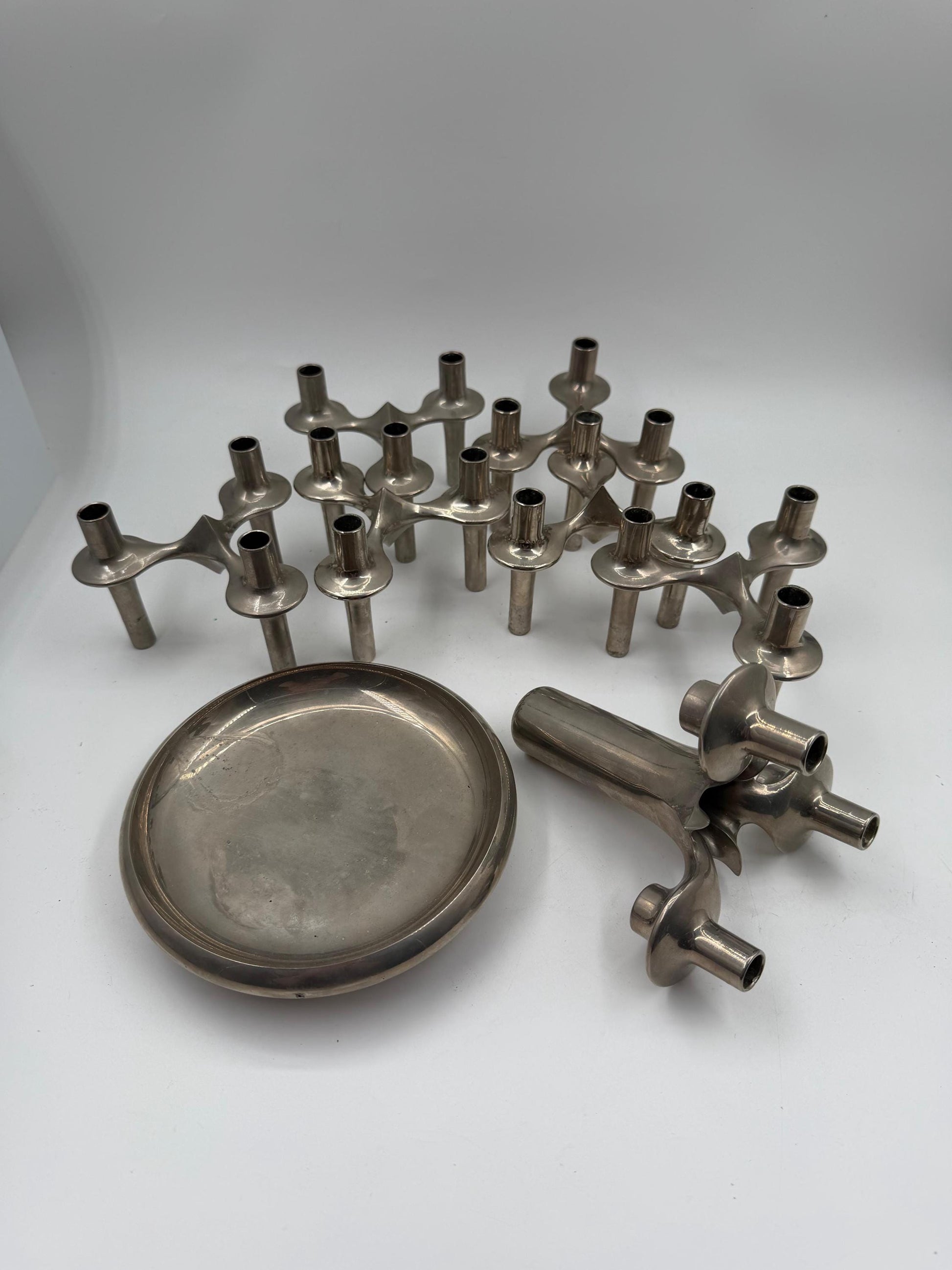 Set von 6 Vintage Kerzenhalter "Stecksystem" von Werner Stoff für Nagel BMF, Chrom