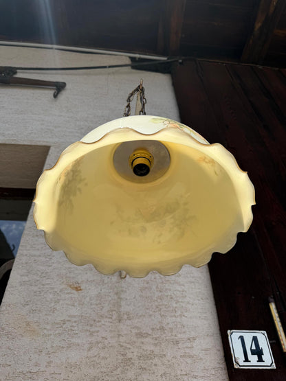 Vintage Hängeleuchte Opalglas mit Sonnenblumen-Motiv