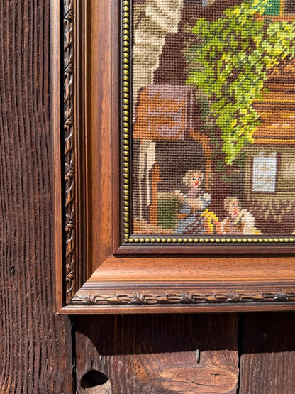 Vintage Kreuzstich Stickbild Historische Straßenszene im Holzrahmen
