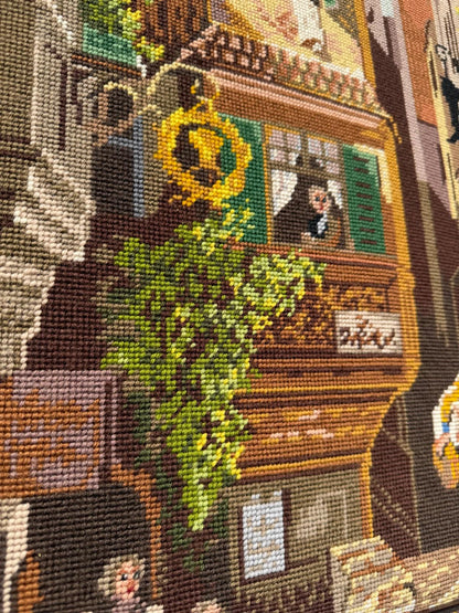 Vintage Kreuzstich Stickbild Historische Straßenszene im Holzrahmen