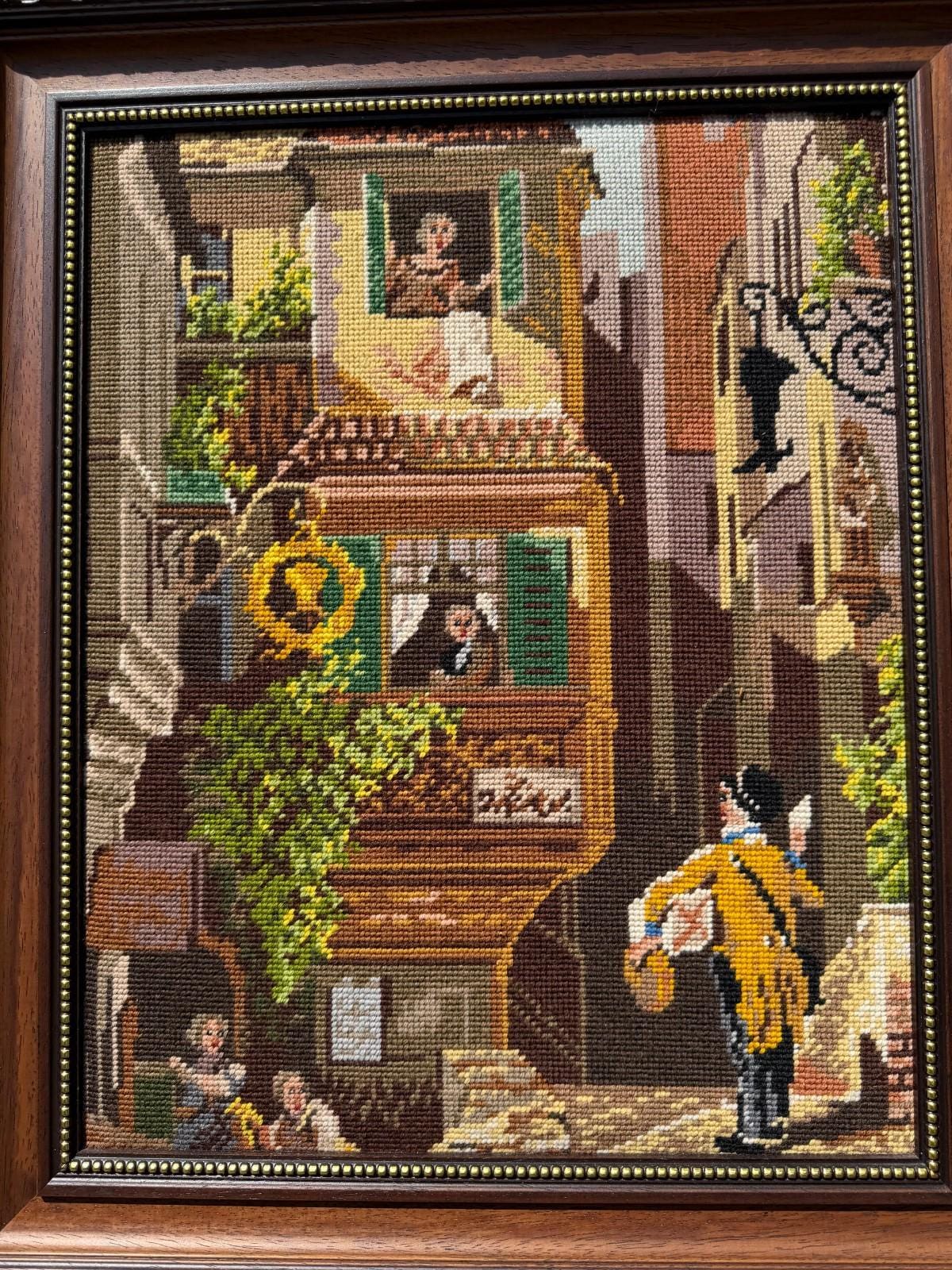 Vintage Kreuzstich Stickbild Historische Straßenszene im Holzrahmen