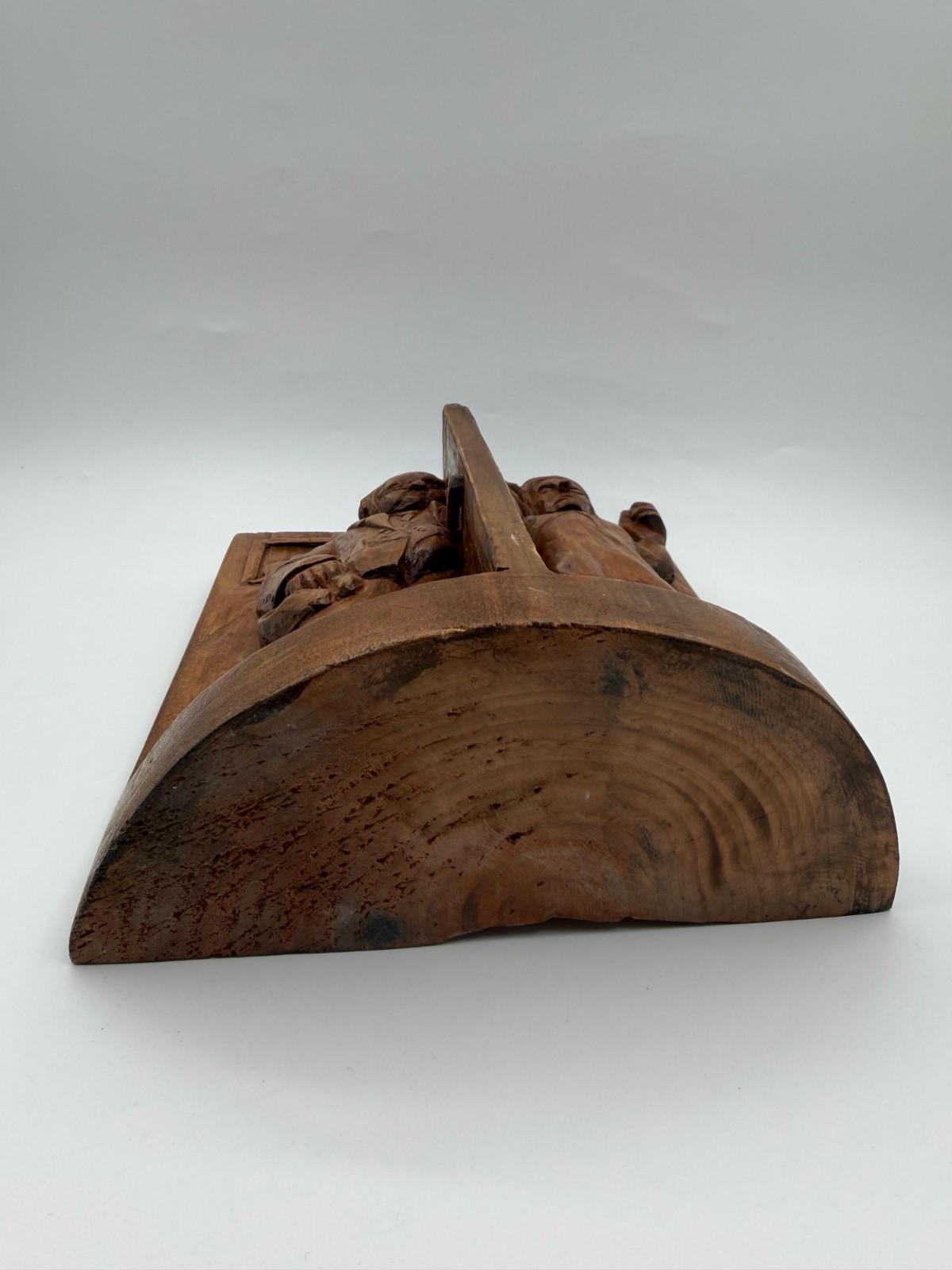 Vintage Wandrelief aus handgeschnitztem Holz mit figürlicher Szene, Volkskunst