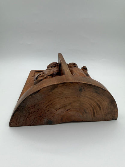 Vintage Wandrelief aus handgeschnitztem Holz mit figürlicher Szene, Volkskunst