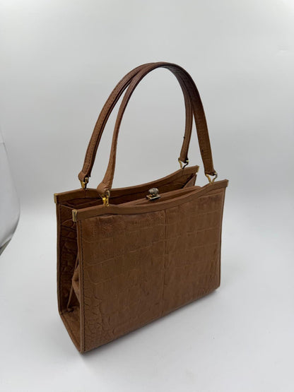 Vintage Handtasche Krokoprägung Cognacbraun Goldbeschläge