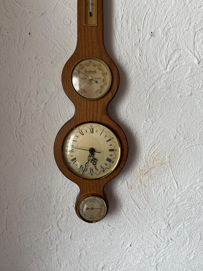 Vintage Barometer Uhr Thermometer Wetterstation aus Eichenholz