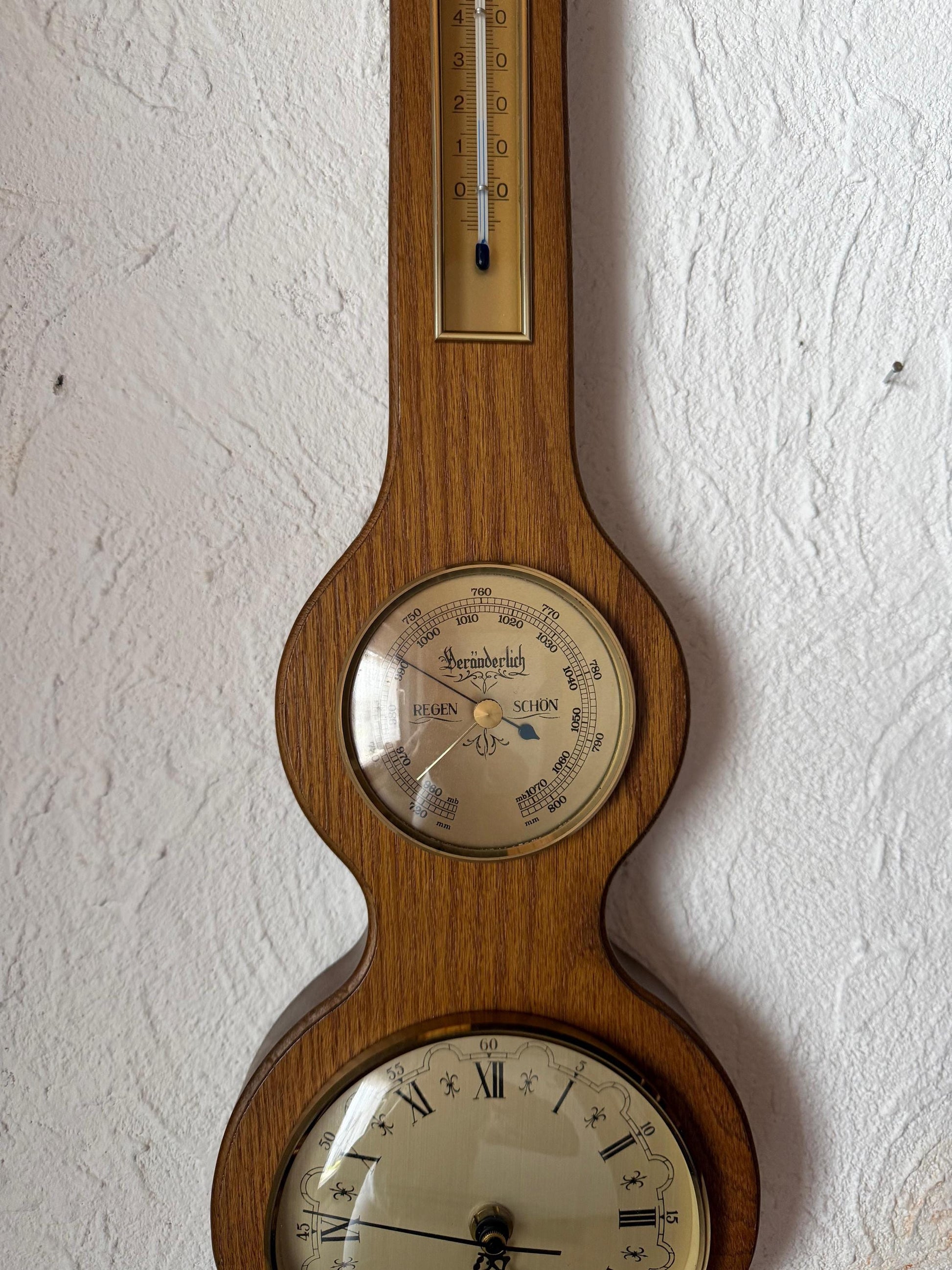 Vintage Barometer Uhr Thermometer Wetterstation aus Eichenholz