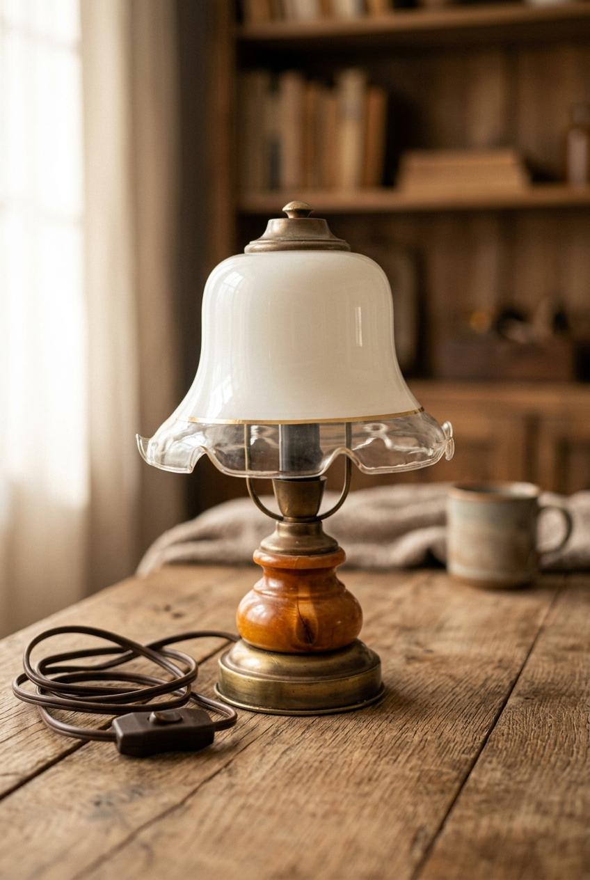 Vintage Tischlampe aus Wurzelholz mit Glasschirm