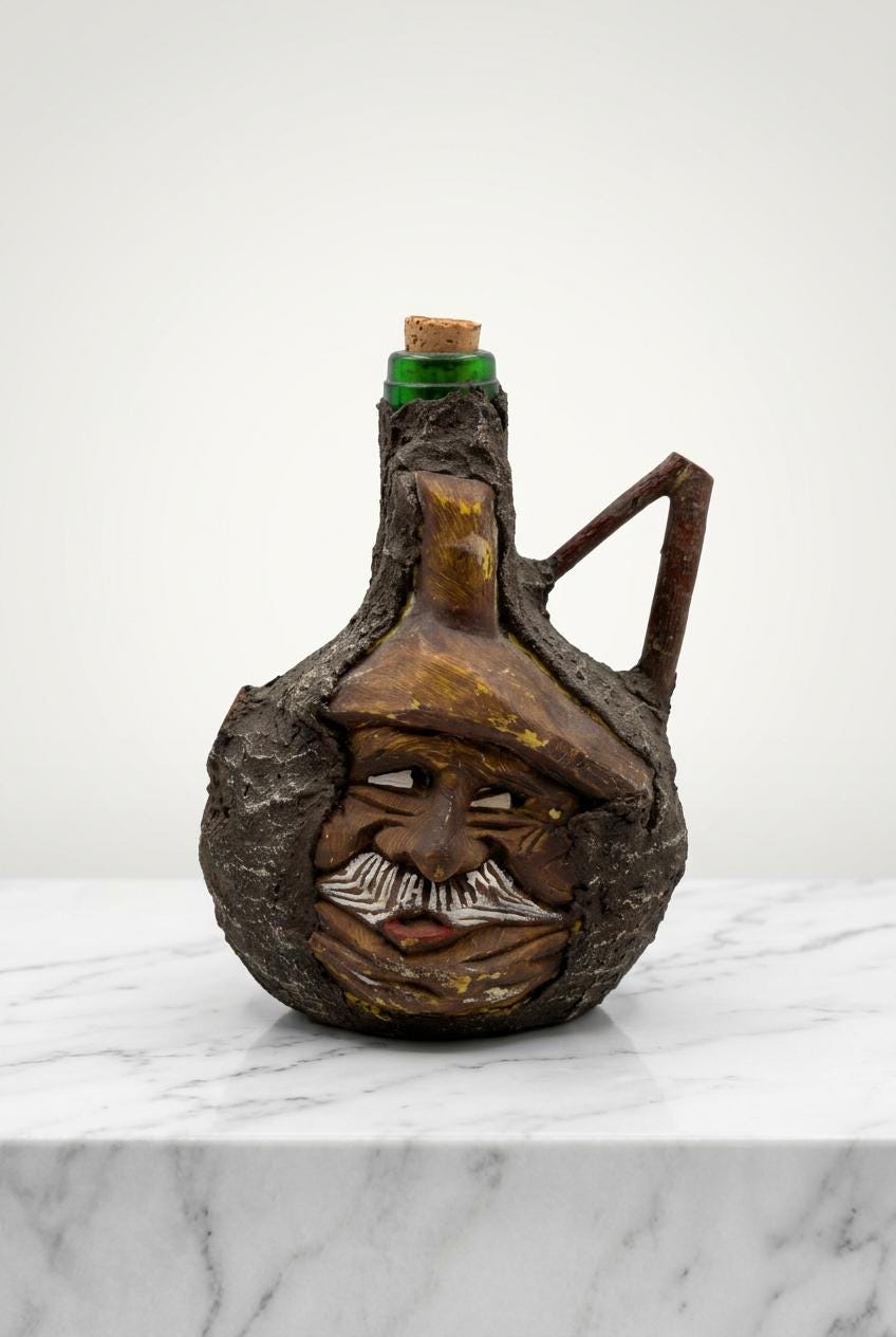 Vintage Karaffe "Waldgeist" Schwarzwälder Volkskunst handgeschnitzt mit Korken