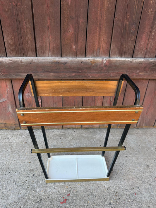 Vintage Schirmständer Mid-Century Space Age aus Holz und schwarzem Metall mit Goldakzenten
