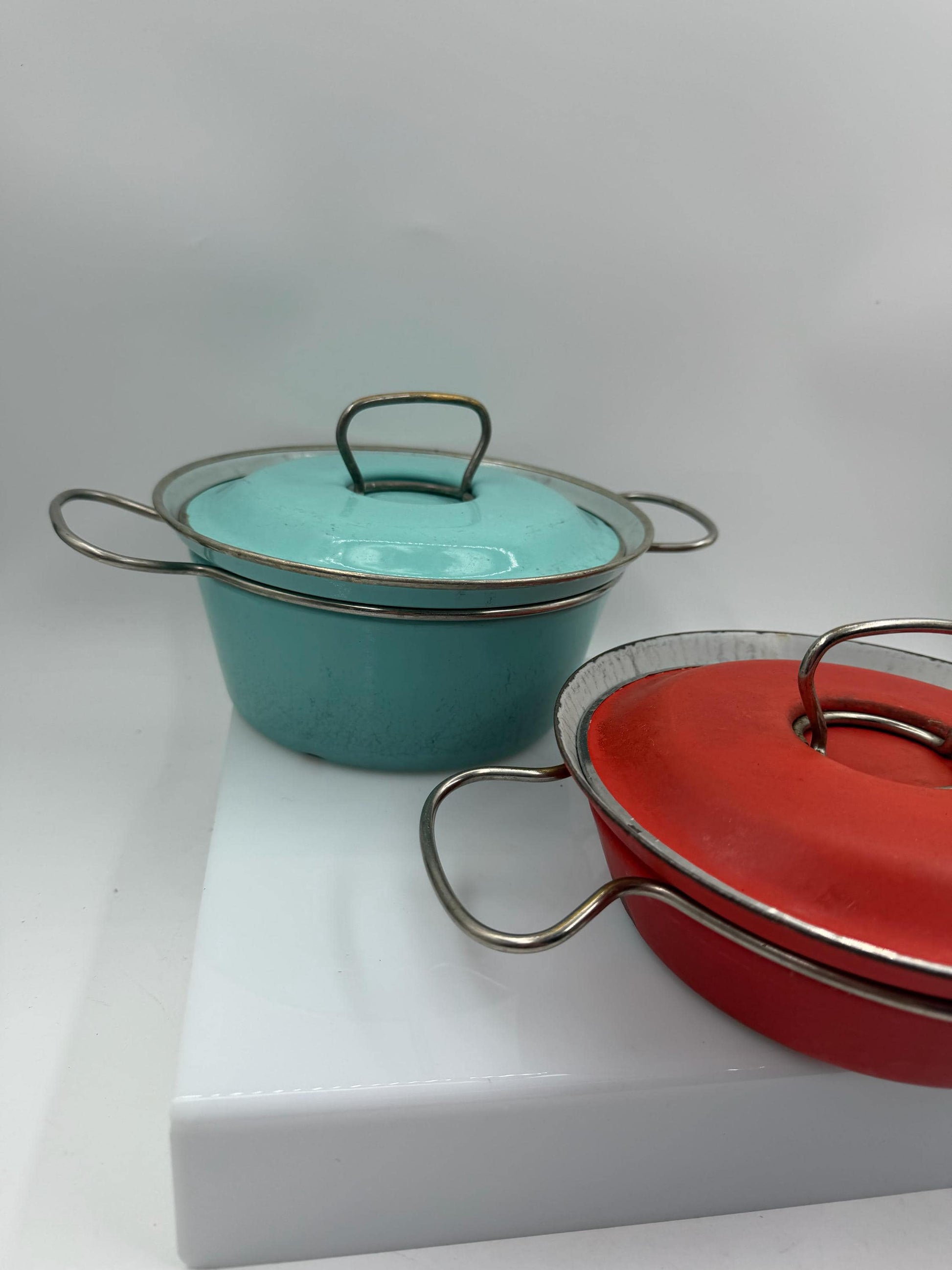 Set von 2 Vintage Emaille Kochtopf in Türkis und Rot