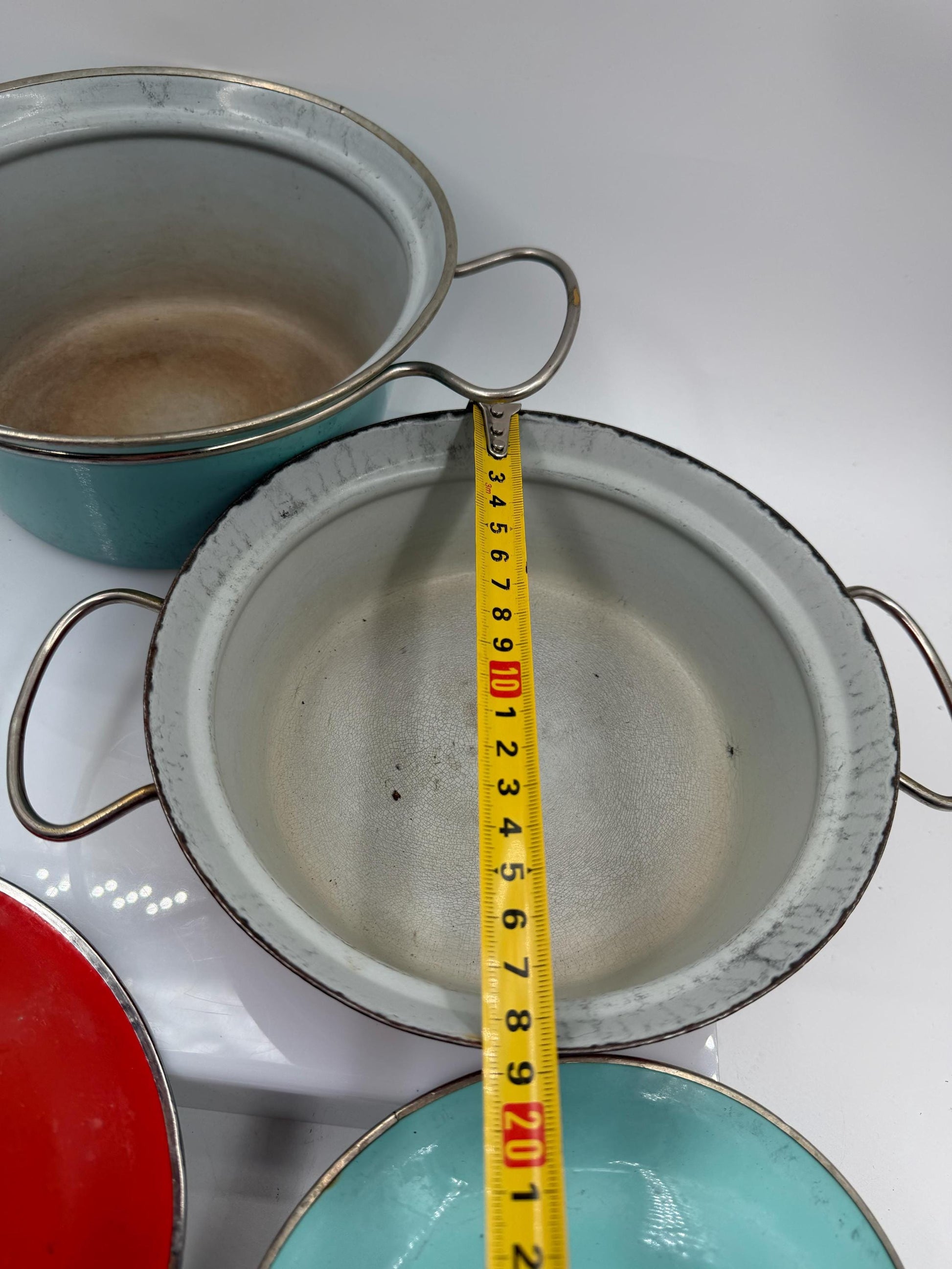 Set von 2 Vintage Emaille Kochtopf in Türkis und Rot