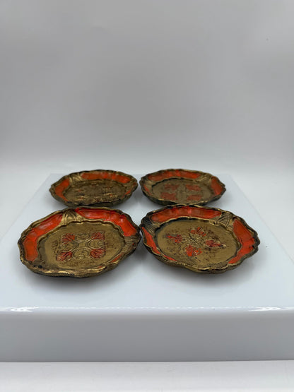 Set von 4 Vintage Untersetzer im Florentiner Stil Gold Rot vergoldetes Holz Made in Italy