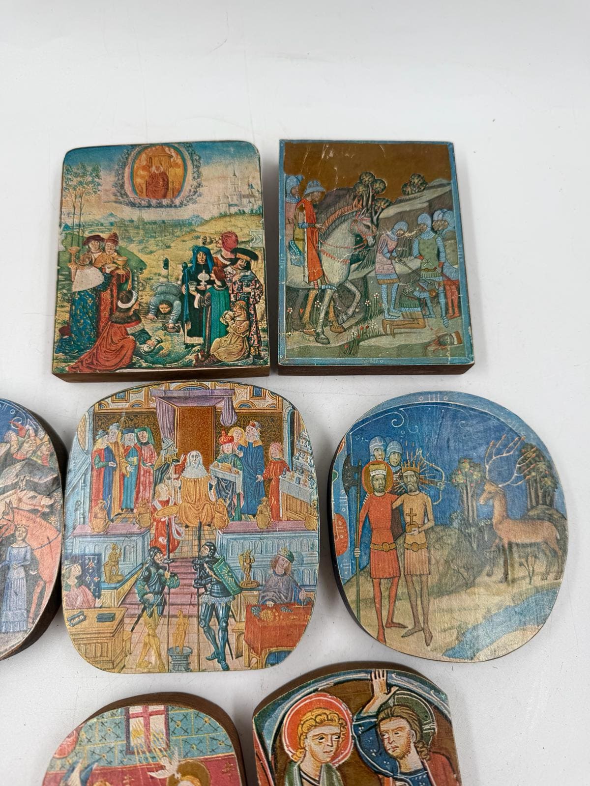 Set von 7 Vintage Holzplaketten mit mittelalterlicher christlicher Kunst