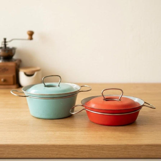Set von 2 Vintage Emaille Kochtopf in Türkis und Rot