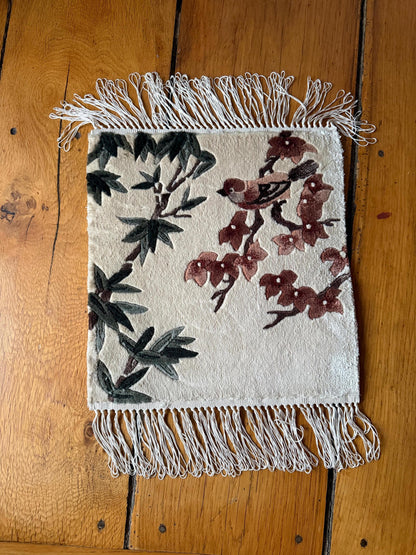 Set von 3 Vintage Seidenteppich mit Blumen-Vogel-Motiv, China 35x35cm
