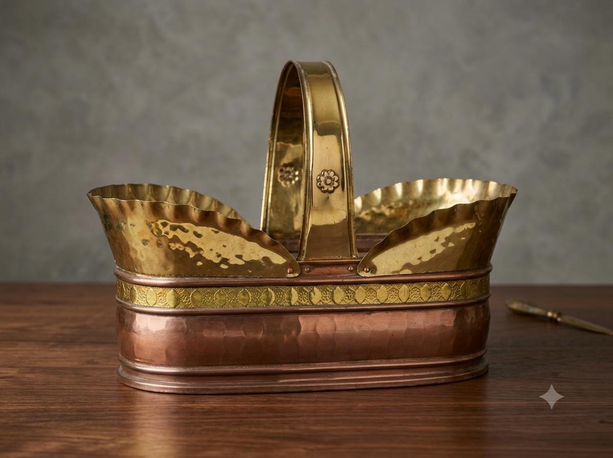 Vintage Korbschale aus gehämmertem Kupfer und Messing, Art Nouveau
