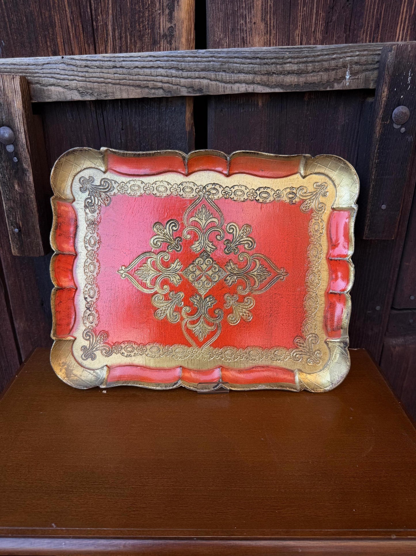 Set von 2 Vintage Tablett Florentiner Barock, Rot-Gold, Italien