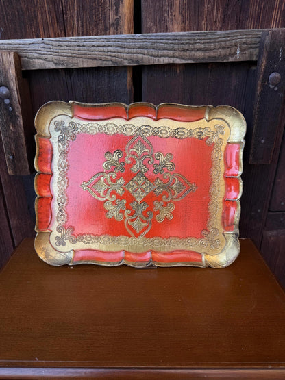 Set von 2 Vintage Tablett Florentiner Barock, Rot-Gold, Italien