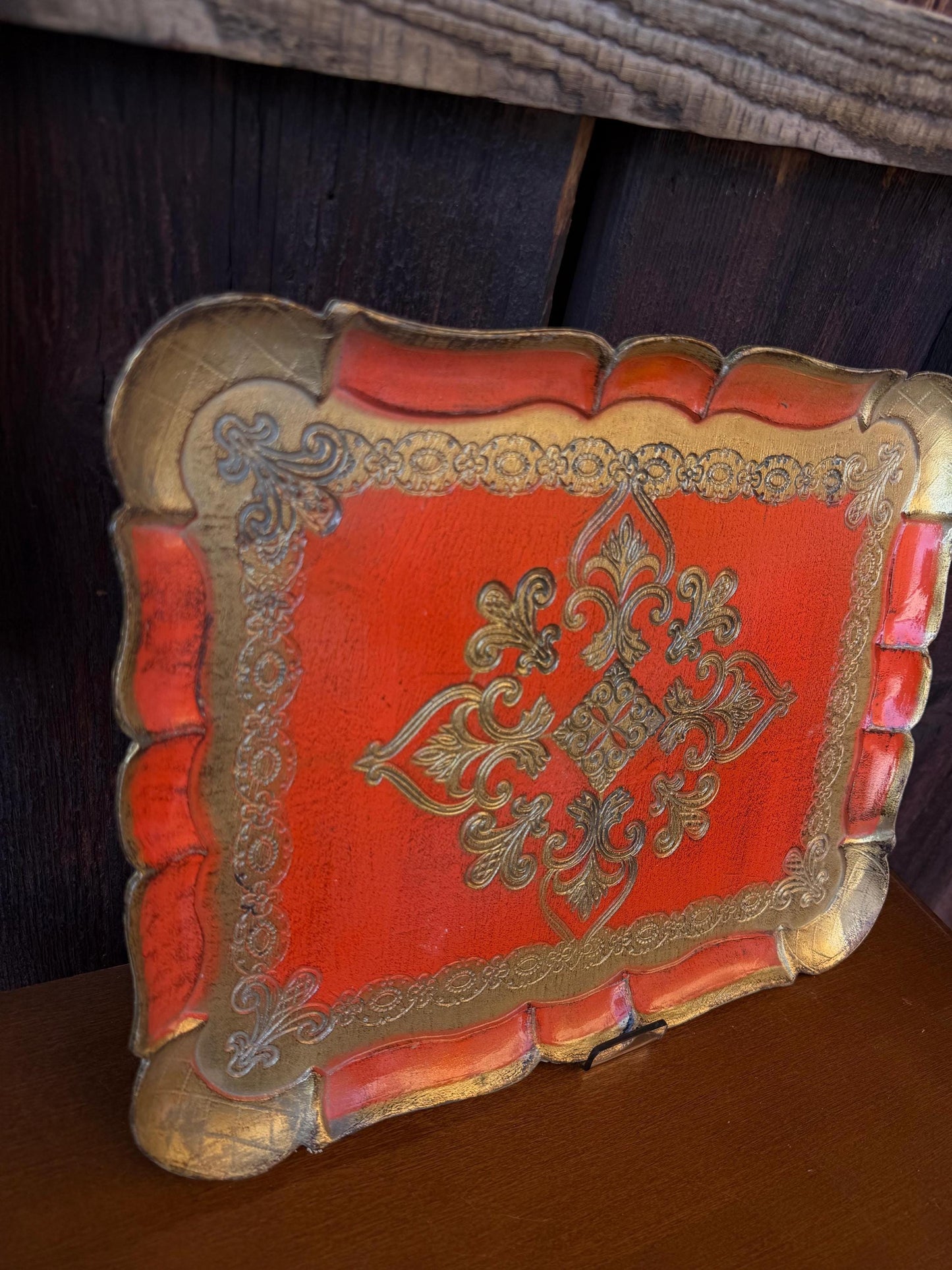 Set von 2 Vintage Tablett Florentiner Barock, Rot-Gold, Italien